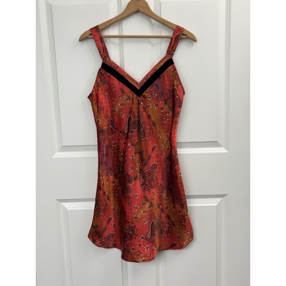 VTG whimsigoth Satin Slip Dress Red Paisley Fairy Grunge Y2K Velvet Trim M 0362 - Picture 2 of 7